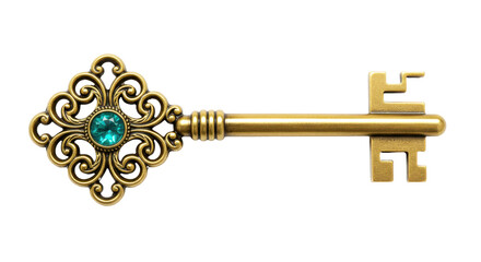 Isolated Ornate Gold Key with Turquoise Gem
