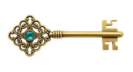 Isolated Ornate Gold Key with Turquoise Gem