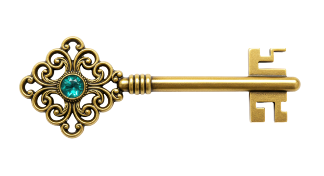 Isolated Ornate Gold Key with Turquoise Gem