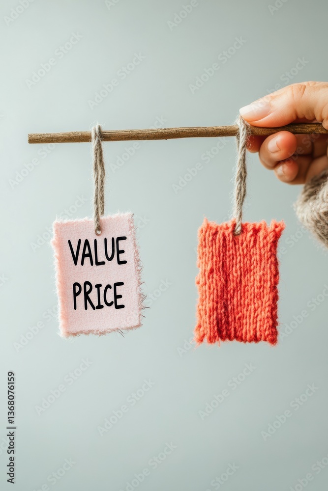 Poster minimalist value proposition visualization tactile balance scale metaphor for strategic pricing, mar