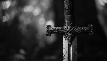 Detailed Medieval Sword Close-up Black and White Historical Weaponry Image