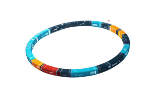 A Vibrant Circular Data Visualization Showcasing Progress Through Stages, With A Sleek 3d Design And A Teal, Orange, And Dark Blue Color Palette Isolated on Transparent Background