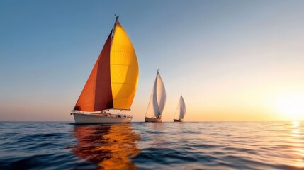 Three sailboats elegantly silhouetted against the brilliant colors of sunset reflect beautifully on calm waters, creating a picturesque scene of tranquility and harmony in nature.