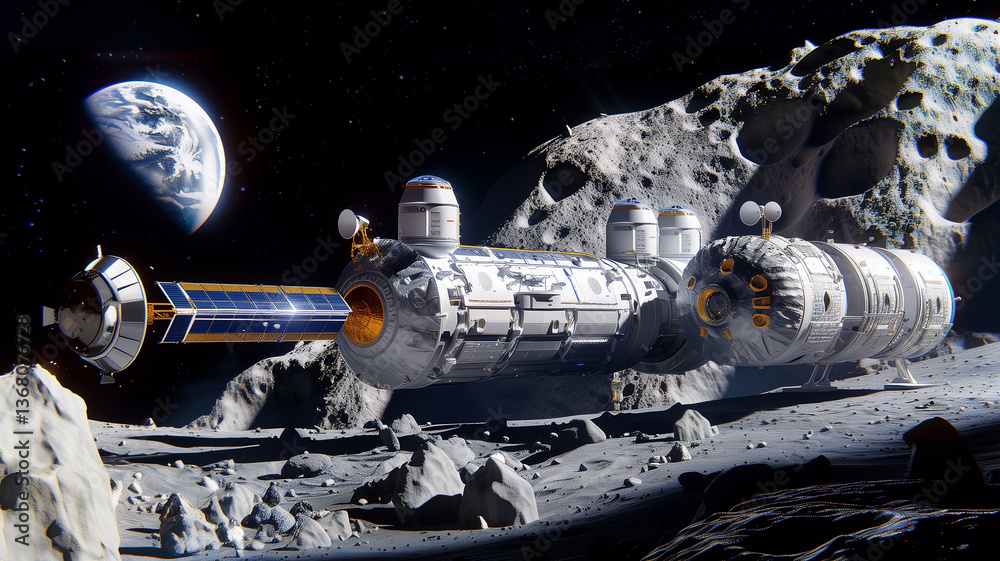 Poster this space refinery on an asteroid collects regolith while earth looms in the background.