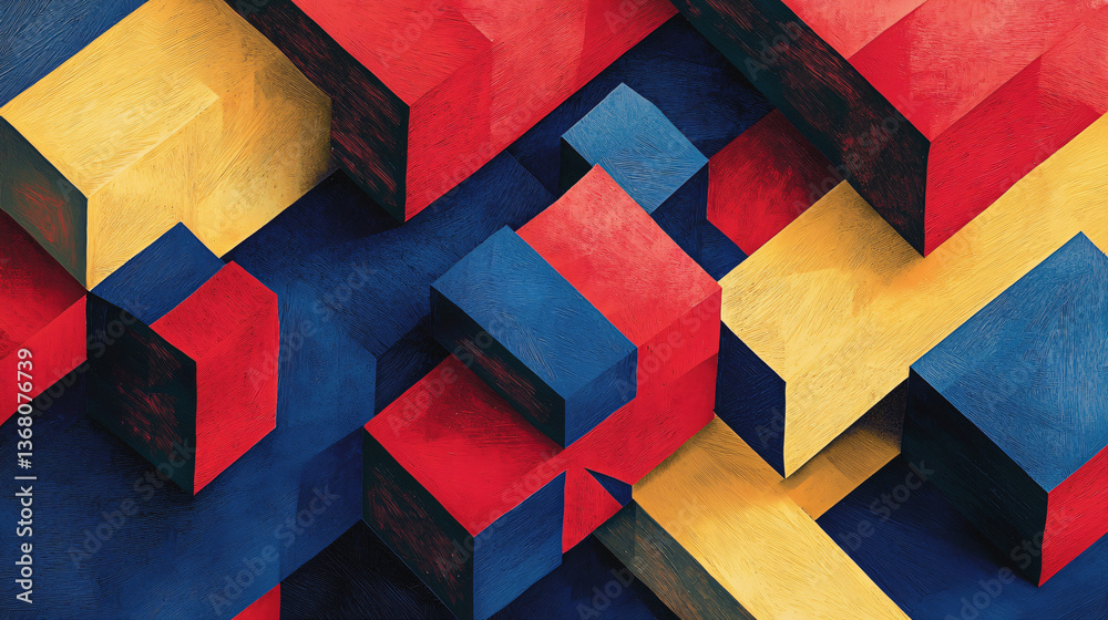 Poster colorful fragmented geometric abstract pattern layered with overlays creating a vivid and intricate 