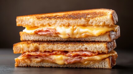 A mouthwatering grilled cheese sandwich stacked high with crispy bacon and ooey-gooey melted cheese, highlighting comfort food at its finest for snack lovers everywhere.
