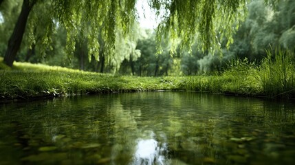 A serene pond surrounded by lush greenery, reflecting the beauty of nature and creating a tranquil atmosphere perfect for relaxation and mindfulness.