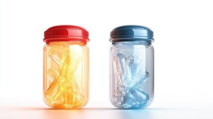 This image depicts two jars filled with colorful sticks, one red and one blue, offering a playful and nostalgic view that symbolizes attraction and joy in an artistic arrangement.