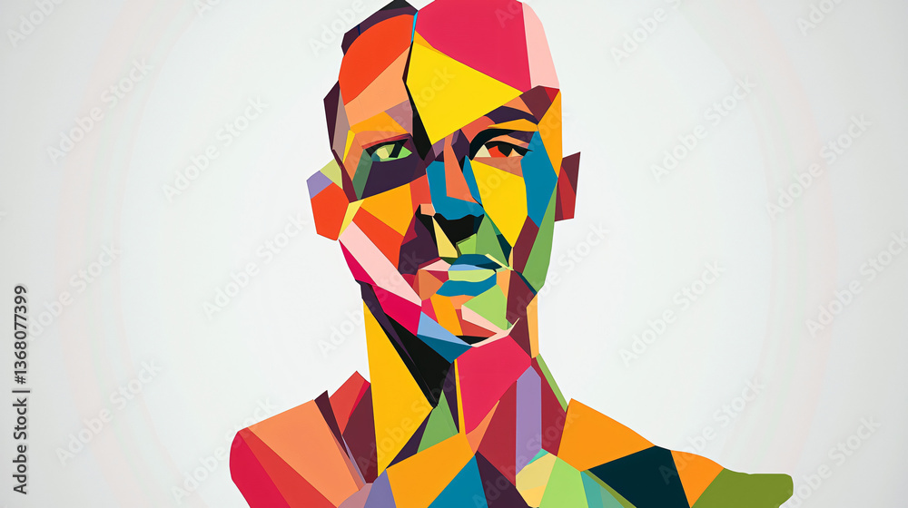 Poster abstract representation of a man with a colorful face created using angular geometric shapes in a fr