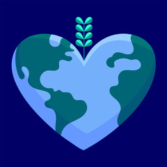 Heart shaped Earth with a growing plant, symbolizing love for nature, sustainability, and environmental protection.
