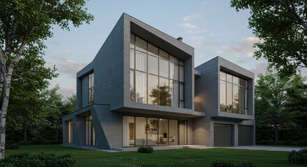 A modern house with a unique architectural design featuring large windows and surrounded by lush greenery outside
