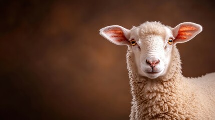 Fototapeta premium A delightful sheep poses calmly with a serene expression, embodying the tranquility of rural life, while its soft fur and gentle gaze create a soothing visual experience.