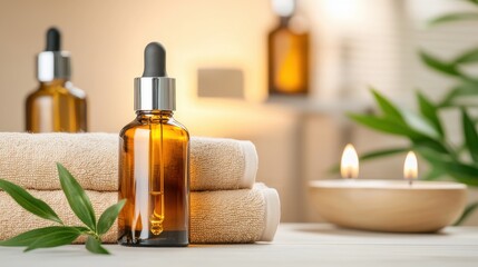 Assortment of natural skincare products including essential oil bottles dropper bottles and wellness accessories such as candles and towels on a serene