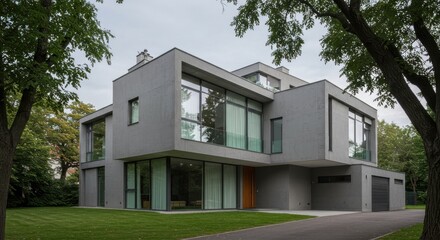 A modern house with gray walls and large windows surrounded by trees and green grass on a cloudy day outside