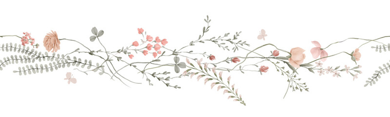 Wildflowers, floral border with pink flowers and foliage, with transparent background, can be used as invitation card for wedding, birthday and other holiday
