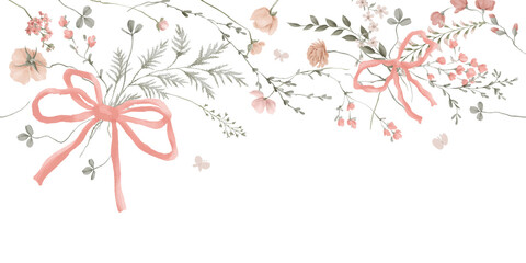 Wildflowers, floral border with pink flowers and foliage, with transparent background, can be used as invitation card for wedding, birthday and other holiday
