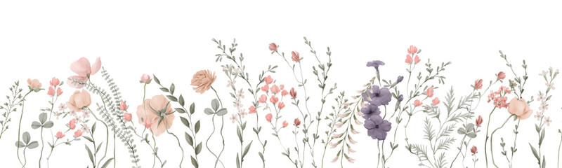 Wildflowers, floral border with pink flowers and foliage, with transparent background, can be used as invitation card for wedding, birthday and other holiday