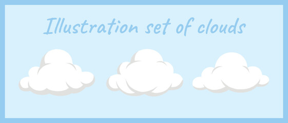 Flat vector illustration showing a set of three cartoon-style fluffy clouds, ideal for weather graphics, kids design, or apps