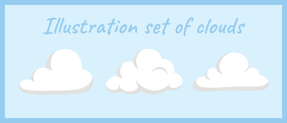 Flat vector image featuring three different cartoon-style clouds on a light blue background, perfect for weather, design, or apps