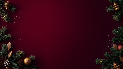 Elegant winter theme background with burgundy notes and  neutral decorations and ornaments, pine tree, baubles