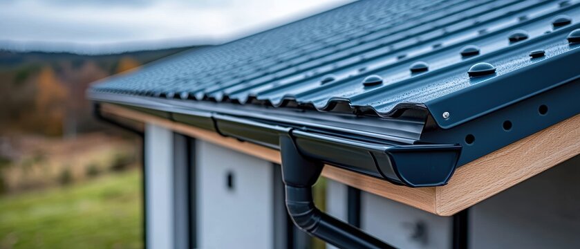 Roofing gutter maintenance concept. Metal roof edge with guttering against a blurred landscape background.
