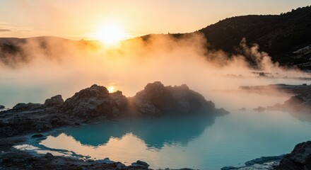 Serene sunrise over steaming geothermal pools with rocky formations and mist