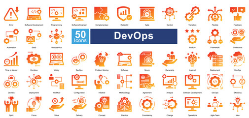 DevOps icon set in glyph gradient color style, featuring 50 icons of automation, deployment, agile workflows, and software development. Ideal for IT operations, cloud computing, and CI/CD pipelines.