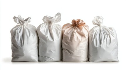 This image shows four tied garbage bags in white, indicating cleanliness and waste management. They're neatly arranged against a simple white background.