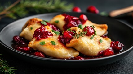This appetizing plate features dumplings topped with a vibrant cherry sauce, highlighting the delightful blend of flavors and textures that create an unforgettable culinary experience.