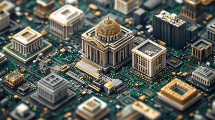 A cityscape with a large building in the center