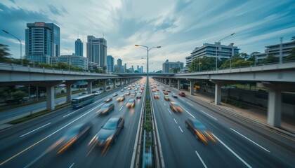 City Highway Traffic at Dusk with Blurred Lights and Modern Buildings