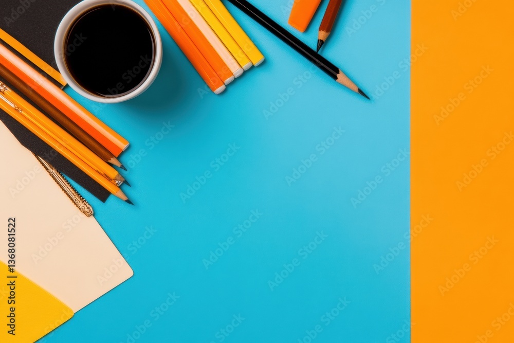 Aufkleber vibrant digital workspace essentials minimalist color-block design with creative tools, inspiring pr