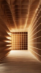 Wooden hallway with geometric ceiling design.