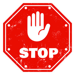 Distressed red stop sign with raised hand symbol, isolated on transparent background. Ideal for warning signs, safety messages, and cautionary designs. Vector art
