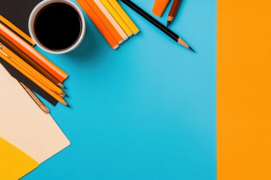 Vibrant Digital Workspace Essentials Minimalist Color-Block Design with Creative Tools, Inspiring Productivity and Modern Entrepreneurial Innovation