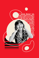 Composite artwork 3D collage trend template of headphones listen music young lady smile asian culture texture ornament national oriental