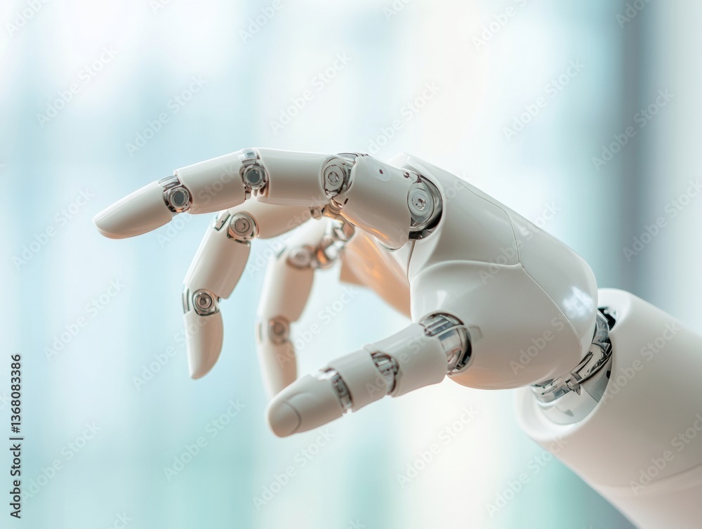 Poster Hyper-Real Robotic Interaction Sleek AI Prosthetic Hand in Precision Gesture, Revealing Next-Generation Human-Machine Connectivity for Innovative Tech Solutions