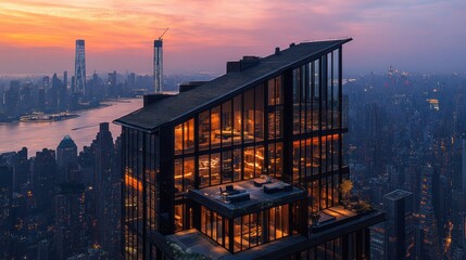 Fototapeta premium Luxurious penthouse at sunset, overlooking city skyline