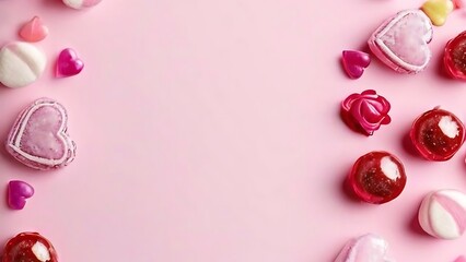 Fototapeta premium Pink and Red Heart Candies and Sweets on Pink Background