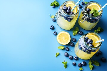 Fototapeta premium Refreshing Homemade Lemonade with Blueberries and Mint in Mason Jars. A vibrant summer beverage image perfect for blogs, websites, and menus.