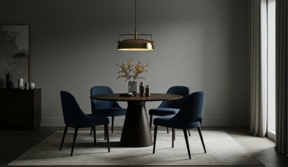 Modern dining room with wooden table, blue chairs, gold light fixture. Reflects minimalist and contemporary design concepts.
