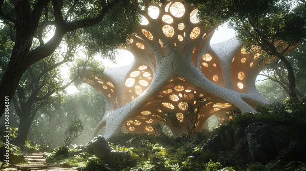 Fototapete sunlit, organic structure nestled within a lush forest, showcasing intricate design and natural inte