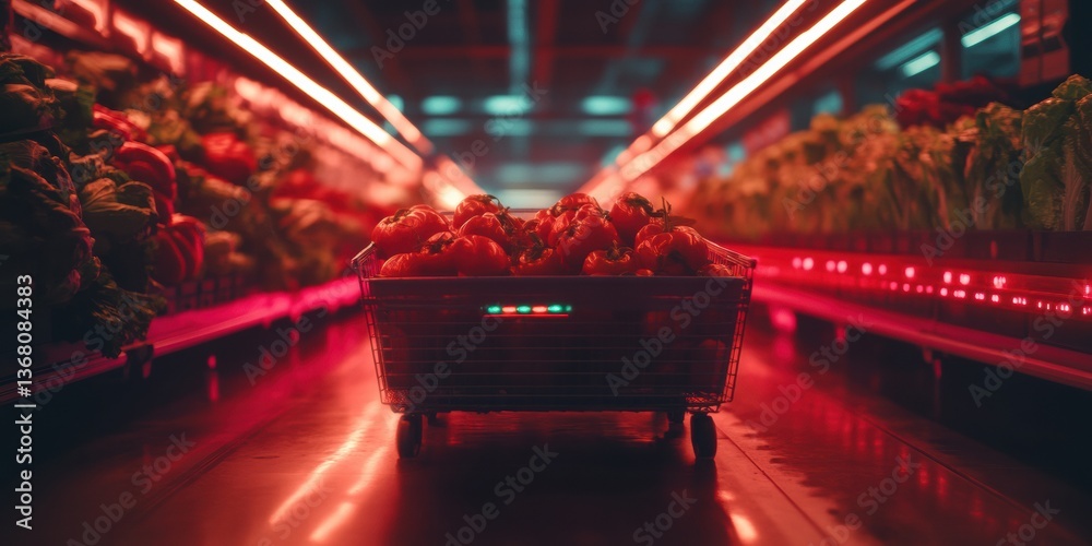 Aufkleber Futuristic Retail Automation AI-Driven Shopping Cart in Neon-Lit Hypermodern Supermarket, Revolutionizing Consumer Experience with Smart Technology