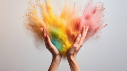 A stunning representation of creativity showcasing vibrant colors bursting from hands, symbolizing joy, expression, and the playful essence of art through color.