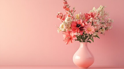 Naklejka premium Pink Delight: A Stunning Bouquet of Pastel Flowers in a Pink Vase