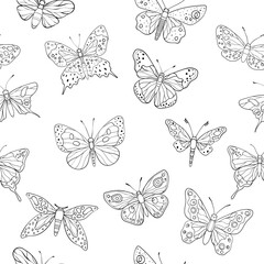 A seamless pattern of line art butterflies with intricate wing patterns, showcasing a variety of artistic and natural designs, vector illustration