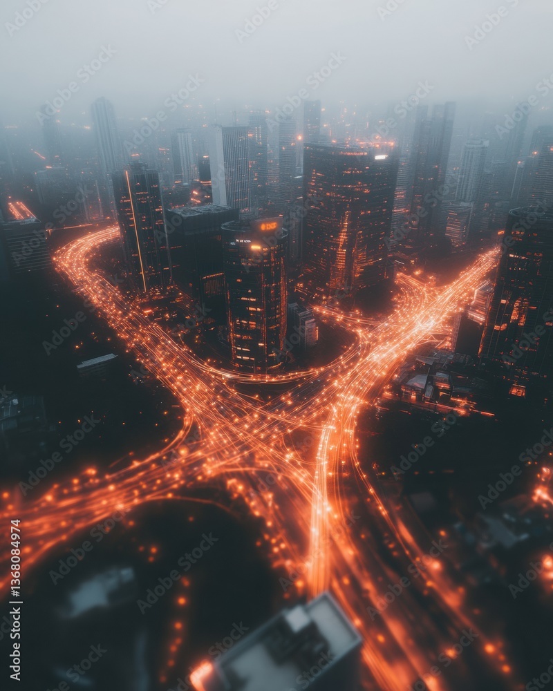 Poster Hyperconnected Urban Intelligence Futuristic Smart City Neural Network Visualization with Dynamic Data Flow and AI-Powered Infrastructure Mapping at Twilight