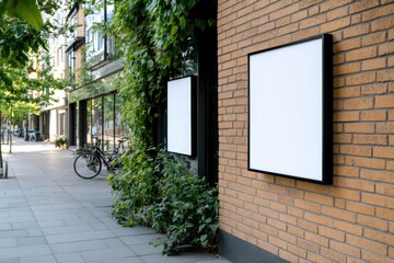 A modern brick storefront features two empty billboards framed in black, surrounded by lush green foliage, inviting creativity and potential in an urban setting.