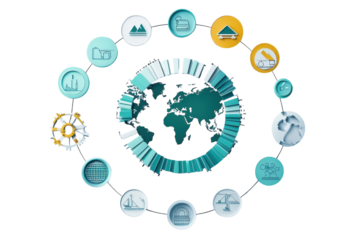 Global Interconnectedness Visualized A World Map Encircled By Diverse Industry Icons, Showcasing Teal And Gold Color Palette With A Clean, Modern Design Isolated on Transparent Background