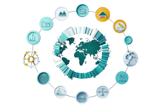 Global Interconnectedness Visualized A World Map Encircled By Diverse Industry Icons, Showcasing Teal And Gold Color Palette With A Clean, Modern Design Isolated on Transparent Background